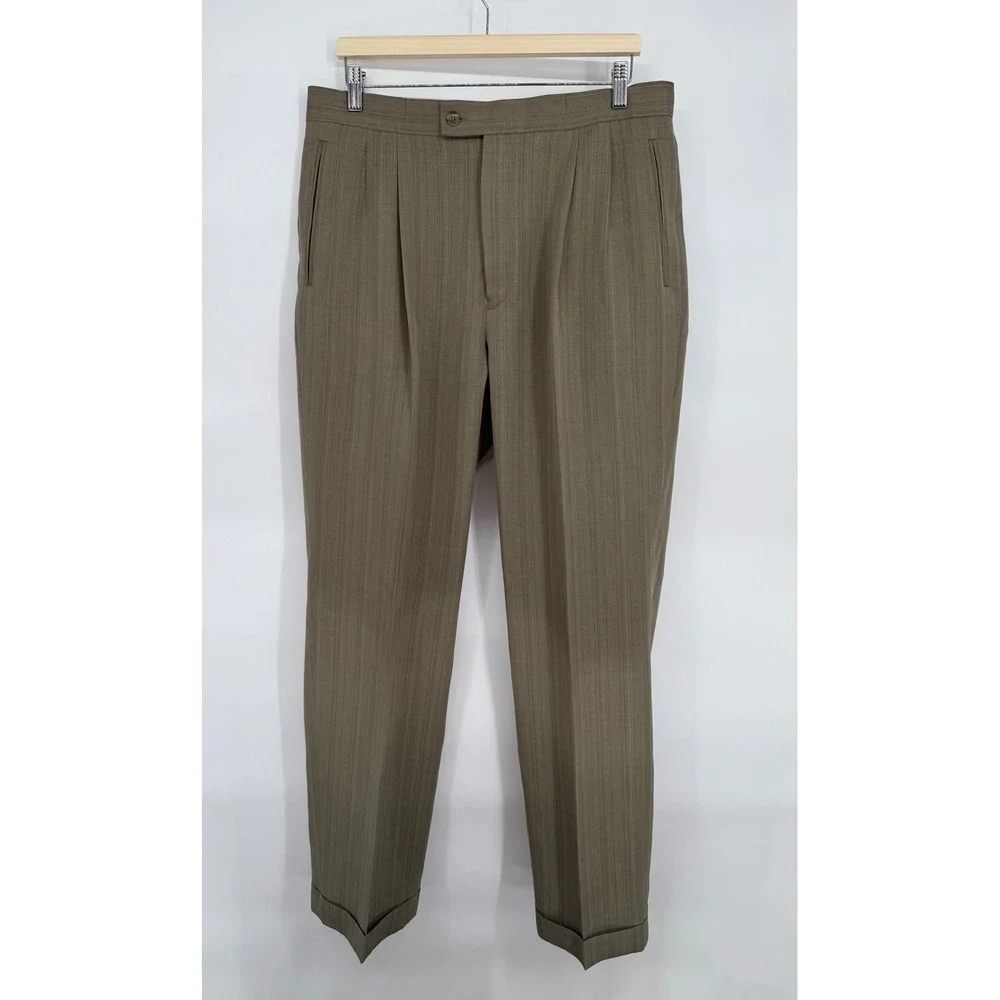 Louis‎ Raphael Tailored Pleated Striped Dress Pants Men 34x32 Khaki Tan
